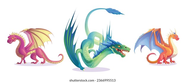 Flying fantasy dragon for magic game vector set isolated on white background. cartoon medieval character woth wings and claws for mythical fairy tale design. Strong and breathing creature landing