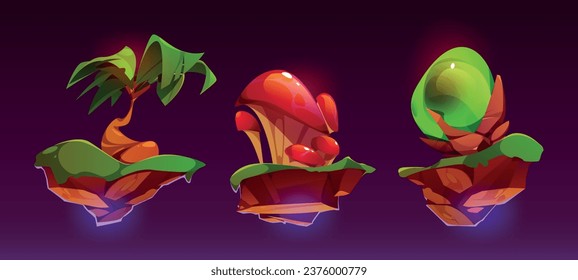 Flying fantasy game island on rock cartoon set. Floating land platform with palm tree, mushroom and plant isolated 2d arcade rpg design. world interface clipart tropical environment sparkle element