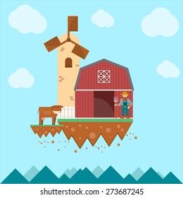 Flying farm landscape with farmer, cow and mill building. Vector flat illustration