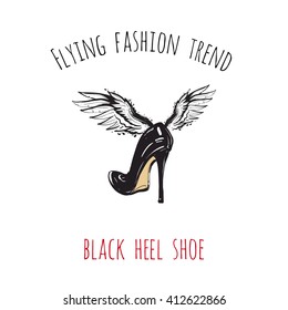 Flying fashion trend: black heel shoe. Glamour hand drawn graphic flying object with angel wings in vogue style. Isolated element on white background. Simple greeting card or flyer.