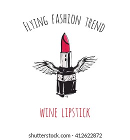 Flying fashion trend: wine lipstick. Glamour hand drawn graphic flying object with angel wings in vogue style. Isolated element on white background. Simple greeting card or flyer.