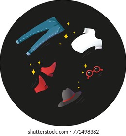 Flying fashionable clothes on a black background. White T-shirt, classic jeans, stylish shoes, wide-brimmed hat. Vector illustration