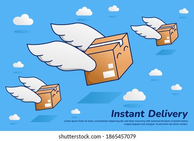 flying fast parcel package with wing instant delivery illustration flat vector cartoon