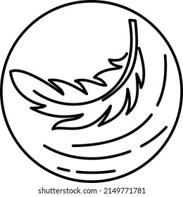 Flying feather. The concept of a lightweight product, lightness, like a feather. Vector round black and white icon with thin lines isolated on transparent background. Line thickness editable