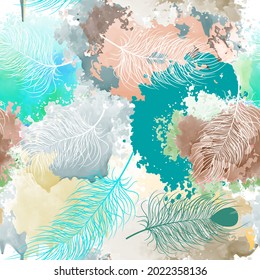 Flying feathers. Beautiful ornaments. Textured elegance seamless pattern. Modern colorful dirty background. Repeat fantasy vector backdrop. Hand drawn shapes, watercolor splashes.  Abstraction.