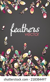 Flying feathers card vector illustration with gray background