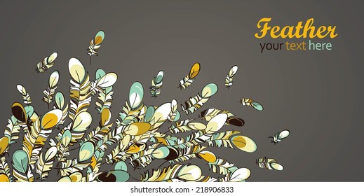Flying feathers card vector illustration with gray background