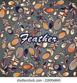Flying feathers card vector illustration with gray background