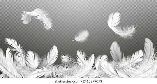 Las plumas voladoras caen sobre una pila de ilustraciones vectoriales realistas. Pájaros tiernos blancos desplome elementos de diseño 3d sobre fondo transparente