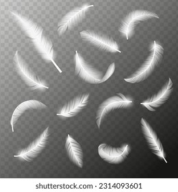 Las plumas voladoras. Caer girando esponjoso cisne blanco realista, las alas de paloma o ángel fluyen. Ilustración vectorial 3d realista de la textura de plumas de paloma en caída