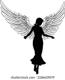 A Flying Female Angel Woman With Feather Wings Silhouette