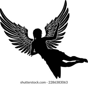 A flying female angel woman with feather wings silhouette