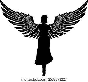 A flying female angel woman with feather wings silhouette