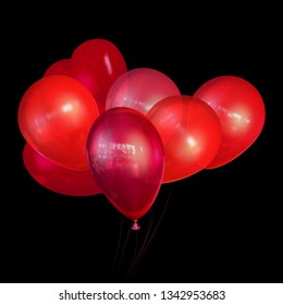 Flying festive balloons shiny with glossy balloons on black background. Vector composition with red air balloons for holiday. Realistic red balloons with reflection