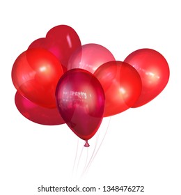 Flying festive balloons shiny with glossy balloons on isolated background. Vector composition with red air balloons for holiday. Realistic red balloons with reflection