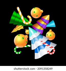 Fliegender festlicher Aufsatz. Frohe Weihnachten und glückliche Neujahrsgrafik. Die Einrichtung ist in 3D-Tönen gehalten, es gibt Weihnachtsbäume und Bonbons. Fröhlicher Weihnachtshintergrund