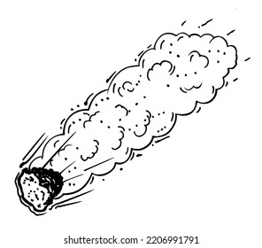 Flying fiery comet, meteorite, meteor sketch. Meteorite with flames and cloud of smoke, cosmic celestial body, meteor. Vector doodle illustration on white background.