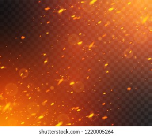 Flying fiery sparks. Glowing particles. Vector effect with transparency.