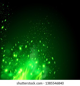 Flying Fiery Sparks with Green Fire. Burning Fire Flames Elements for Design. Glowing particles