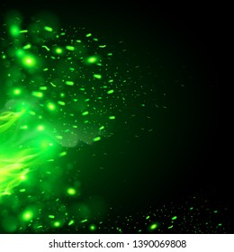 Flying Fiery Sparks with Green Fire. Burning Fire Flames Elements for Design