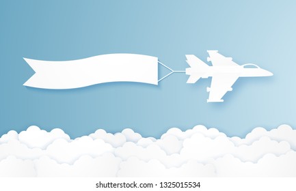 Flying fighter plane pulling advertising banner , paper art style