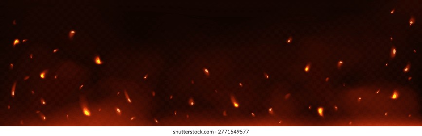 Flying fire sparks on transparent background. Burning embers. Glow particle effect. Vector illustration