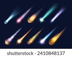 Flying fireball or meteor with fire neon light trail. Vector isolated realistic comet with tail of flame, astronomic cosmic celestial body moving fast. Falling asteroid effect at sky, burning rock