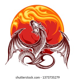 Flying fire-breathing Dragon on flame background. Vector illustration.