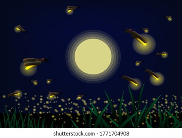 Flying fireflies in the night of full moon in the summer