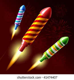 Flying fireworks rocket. Vector.