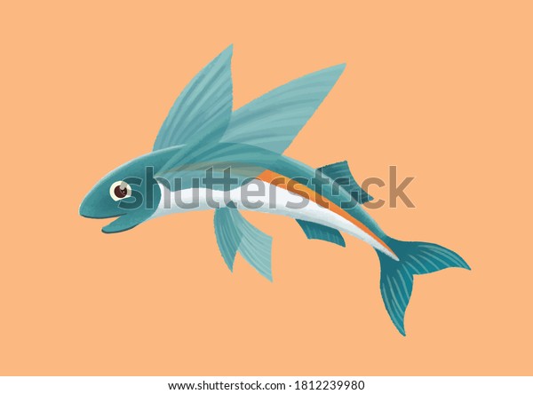 Flying\
fish cartoon vector illustration. Cute orange blue fish isolated on\
background. Underwater sea animal. Marine\
life
