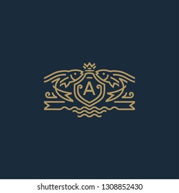 Flying fish with crown logo template - coat of arms in mono line style