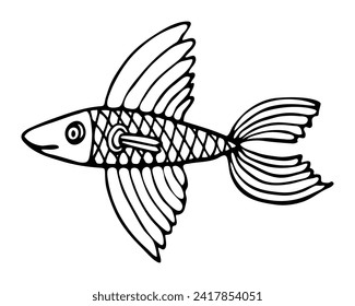 Doodle de pescado volador. Ilustración gráfica dibujada a mano.