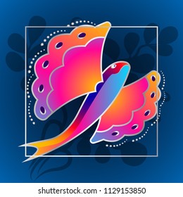 Flying fish, exotic, waterfowl. Bright, rainbow-colored, tropical fish. Banner in a frame. On an abstract background of seaweed. For printing on fabric, clothing. Vector illustration.