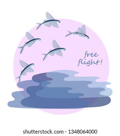 Flying fish in free flight. Poster, postcard, advertising flyer. Design for decoration of the menu, invitations to rest, sea travel, cruise.