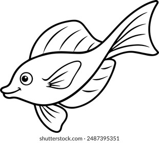 Flying Fish icon, Line art and t-shirt design or make coloring page for kids, Hand drawn outline illustrations 