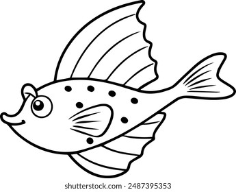 Flying Fish icon, Line art and t-shirt design or make coloring page for kids, Hand drawn outline illustrations 