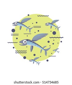 Flying fish illustration. Logo, icon concept for diving school or scuba club. Stylized waves and splatter.

