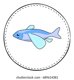 Flying fish isolated on white background. Cute flying fish cartoon vector illustration. Underwater animal handdrawn patch. Marine fish drawing. Tropical sea fish clipart. Marine fauna character icon