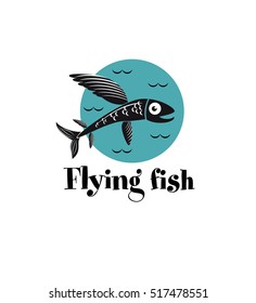 Flying fish logo concept. Blue circle and stylized waves.
