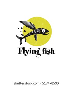 Flying fish logo concept. Yellow circle and splatters.