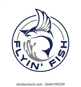 Design de logotipo de peixe voador com elementos aquáticos e representação de layout circular