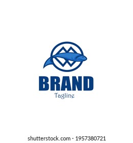 diseño del logotipo de los peces voladores y las montañas