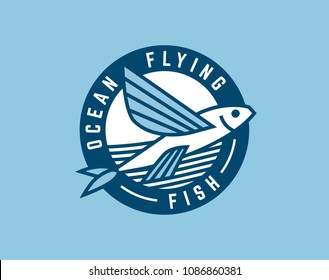Flying fish and waves logo template. Vector illustration.