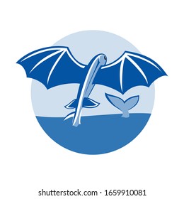 Flying fish and whale's tale  illustration. editable vector. Can use for fisher club logo, Shirt, poster or social media.