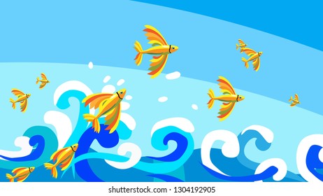 Flying fishes are jumping ower waves, and unfold the beauty golden wings