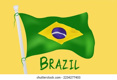 The flying flag of Brazil with text written Brazil. The national flag of Brazil country. The official brazilian flag.