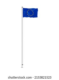 Flying flag of Europe vector illustration. Waving European Union flag on metal pole isolated on white background