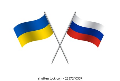 Flying flags of Ukraine and Russia. Ukrainian and Russian state symbol. Ukrainian symbol of independence and freedom. Vector illustration