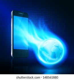 Flying flaming the globe from mobilephone on dark background with stream of binary code. EPS10 vector.